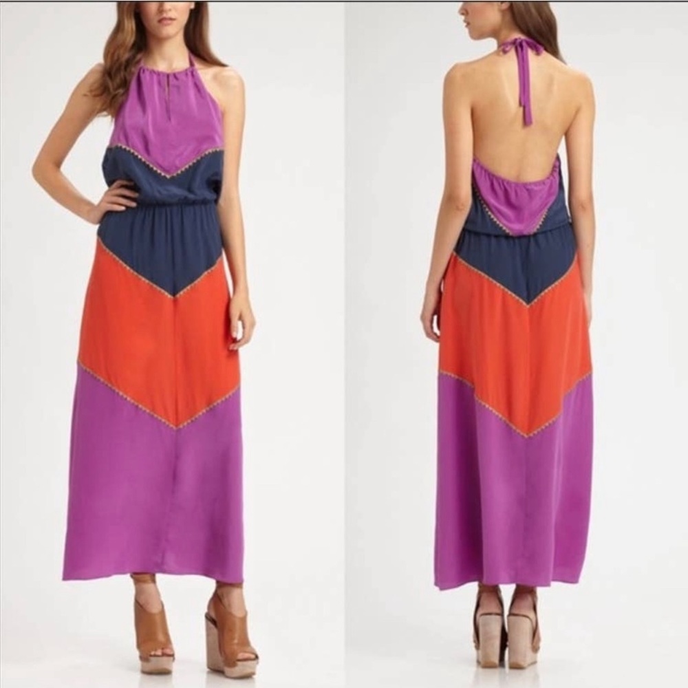 BCBG Max Azria Dee Silk color block halter Maxi Dress Sz XS